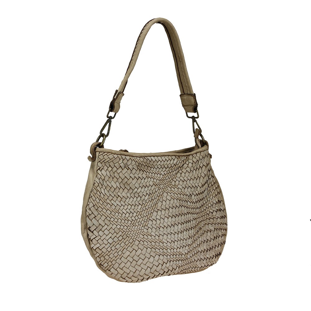 Shoulder bag in woven leather with handle and removable shoulder strap