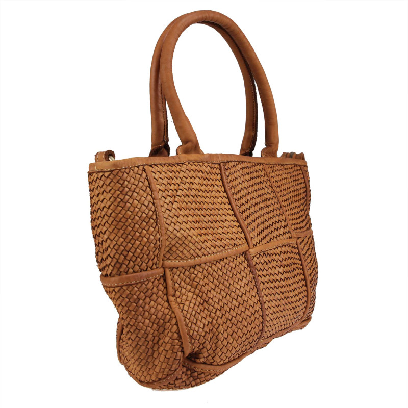 Handmade shopping bag in woven leather