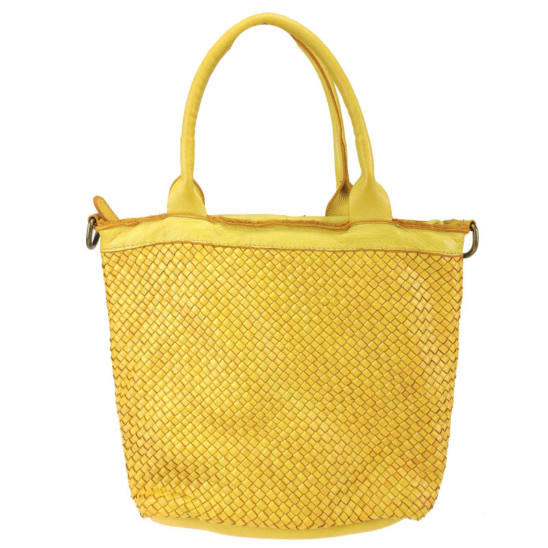 Handbag in woven leather with removable shoulder strap