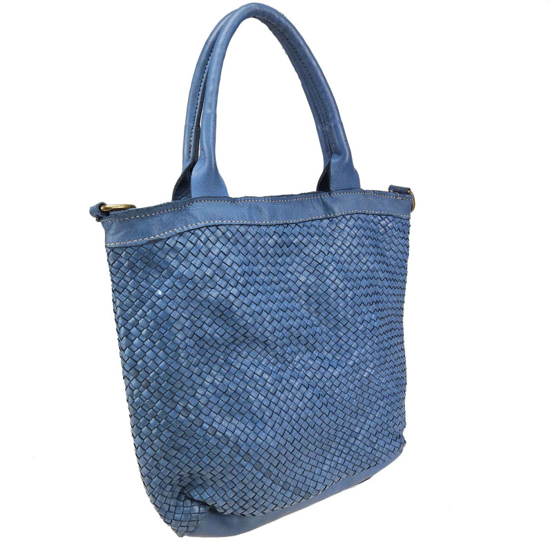 Handbag in woven leather with removable shoulder strap