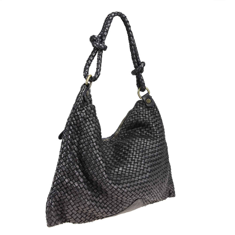 Woven leather bag with shoulder strap and worked handle