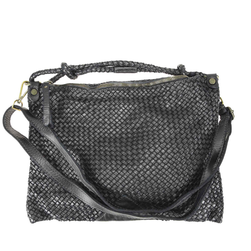 Woven leather bag with shoulder strap and worked handle