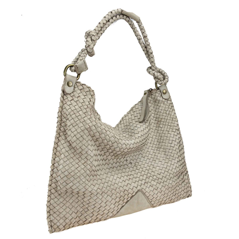 Woven leather bag with shoulder strap and worked handle