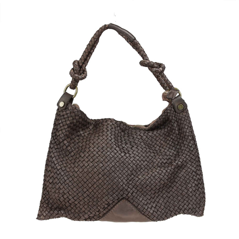 Woven leather bag with shoulder strap and worked handle