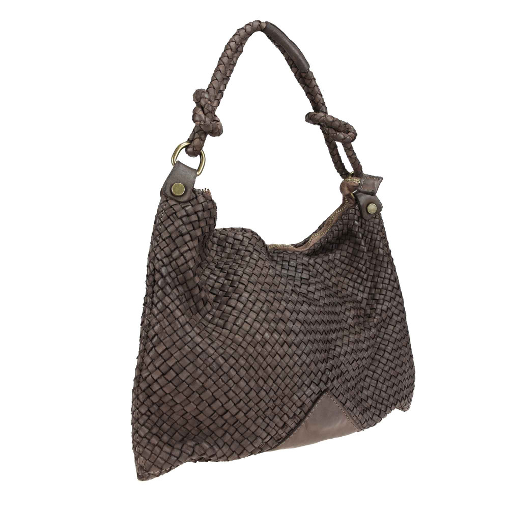 Woven leather bag with shoulder strap and worked handle