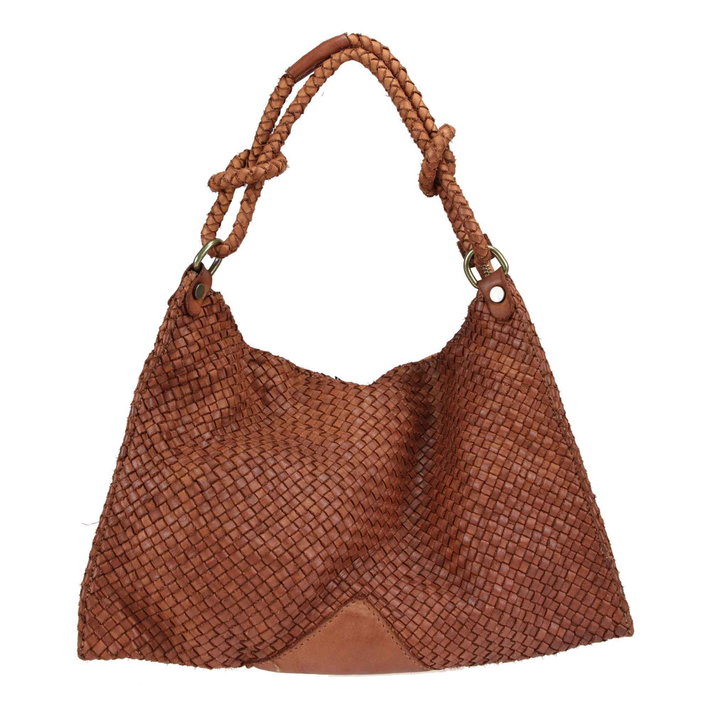 Woven leather bag with shoulder strap and worked handle