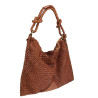 Woven leather bag with shoulder strap and worked handle