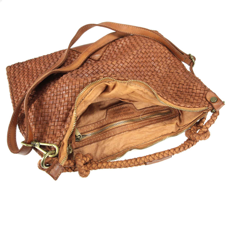 Woven leather bag with shoulder strap and worked handle