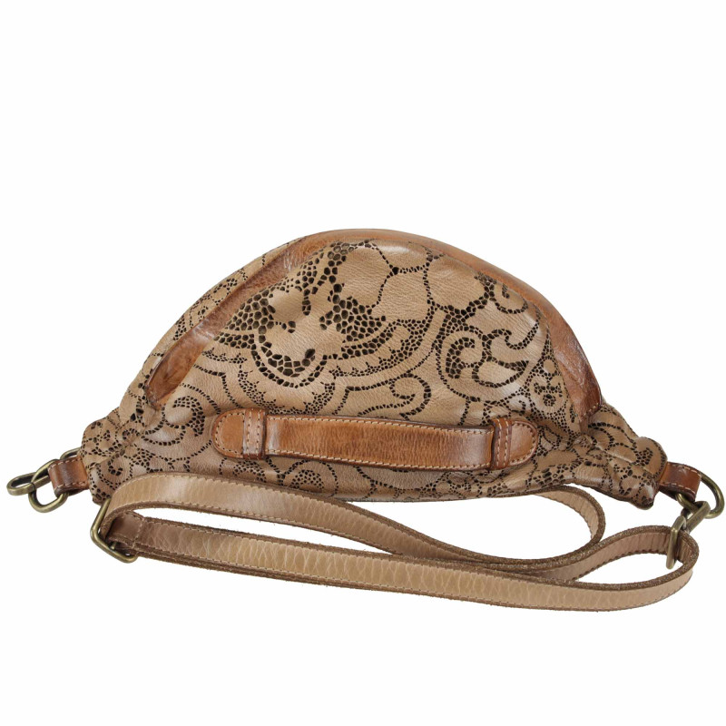 Laser-cut leather pouch with long shoulder strap
