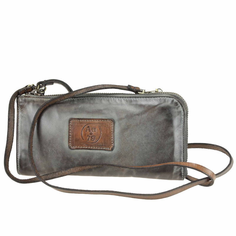 Hand-buffered leather clutch bag with shoulder strap