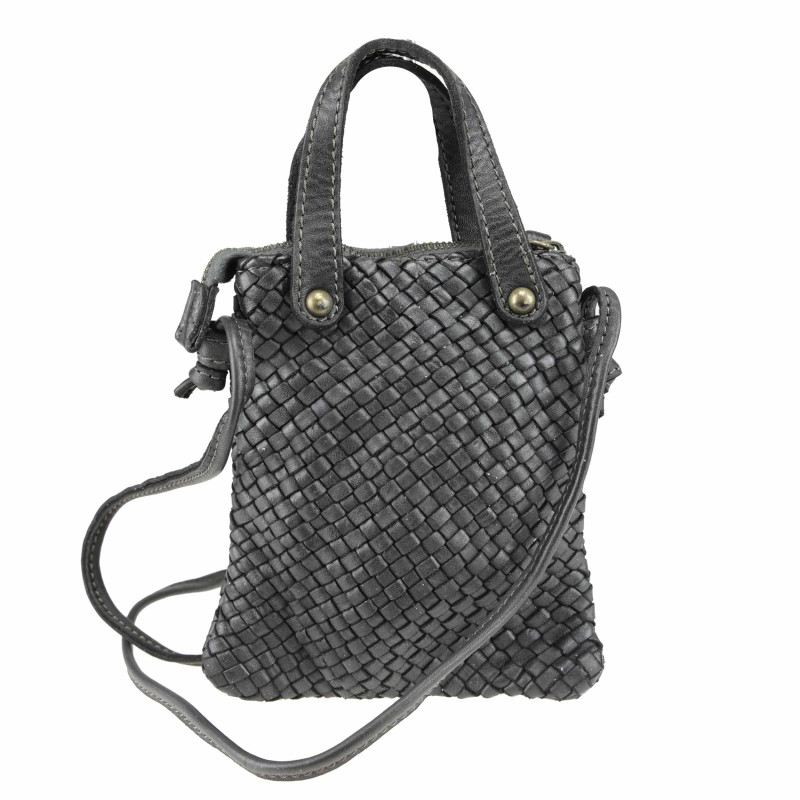 Smartphone holder in woven leather with shoulder strap