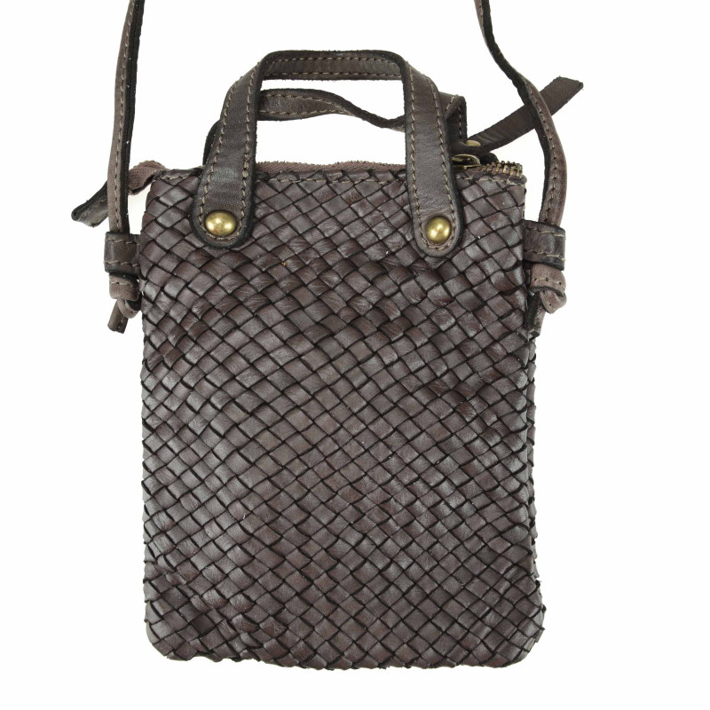 Smartphone holder in woven leather with shoulder strap