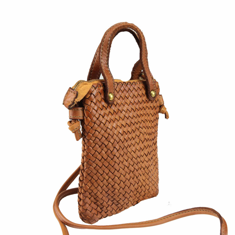 Smartphone holder in woven leather with shoulder strap