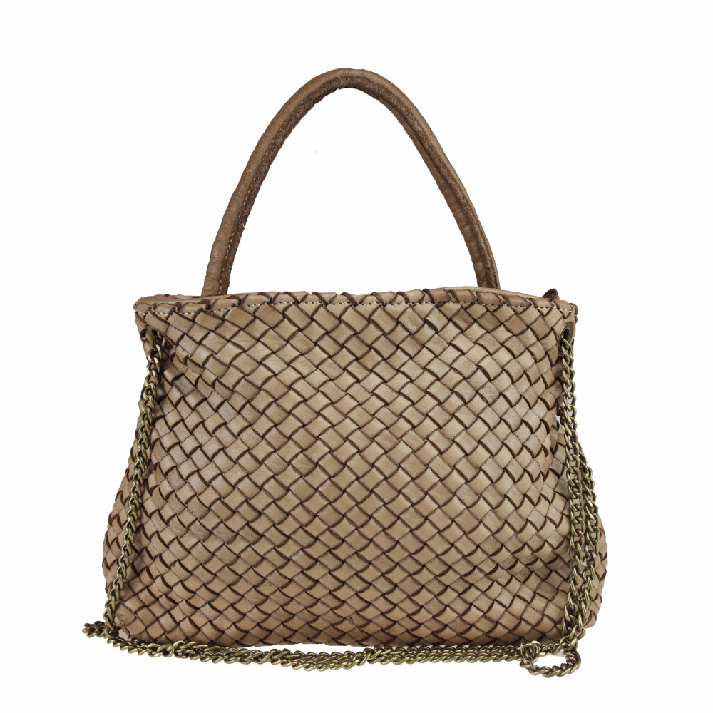 Woven handbag with chain shoulder strap