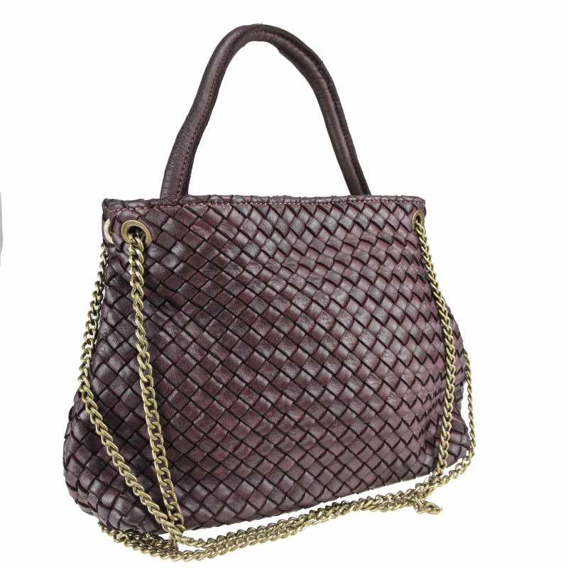 Woven handbag with chain shoulder strap