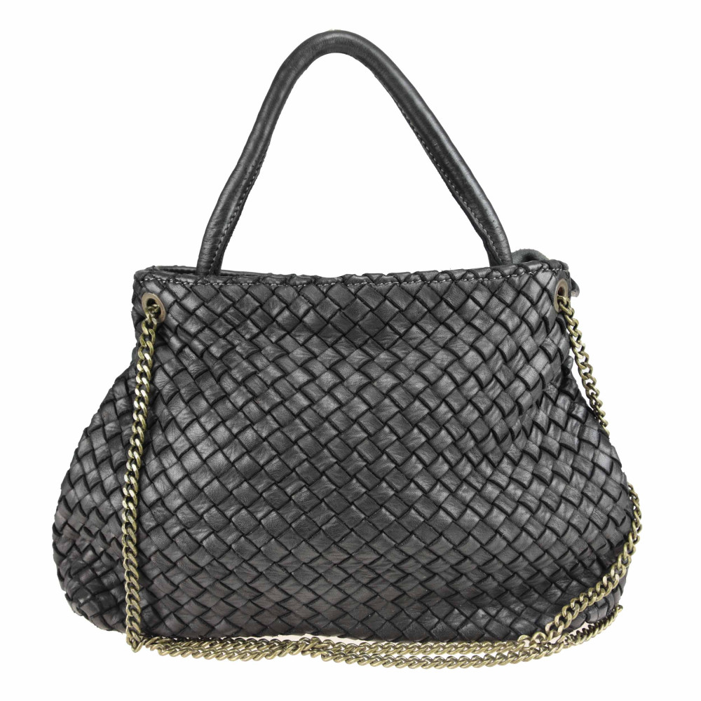 Woven handbag with chain shoulder strap