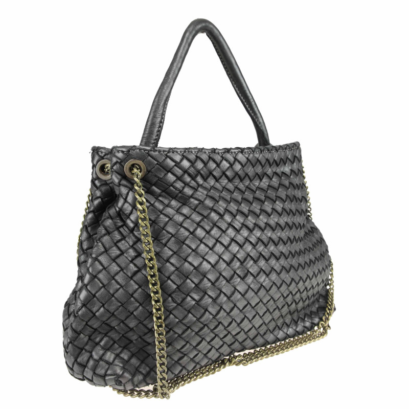 Woven handbag with chain shoulder strap