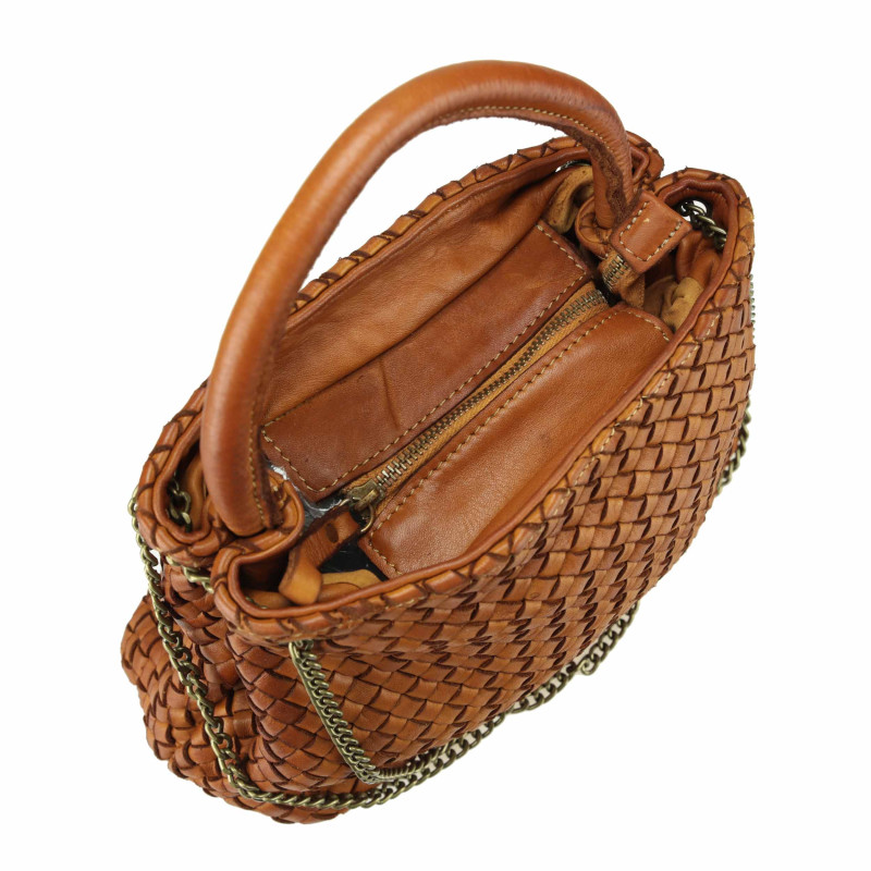 Woven handbag with chain shoulder strap