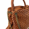 Woven handbag with chain shoulder strap