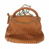 Woven handbag with chain shoulder strap