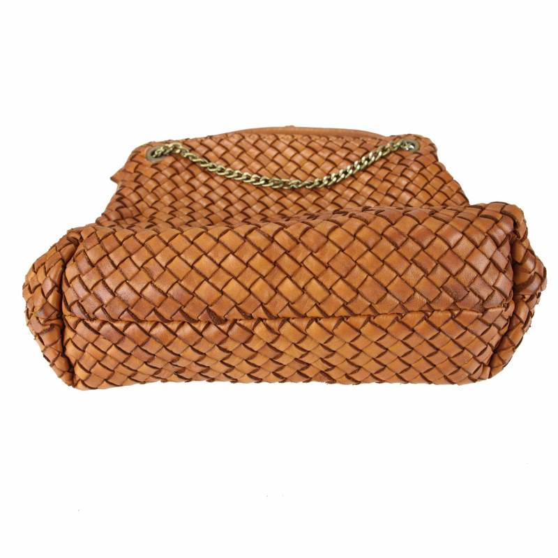 Woven handbag with chain shoulder strap