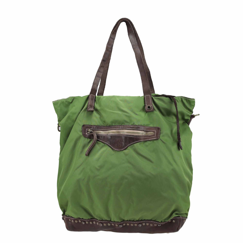 Shopping bag in leather and nylon fabric