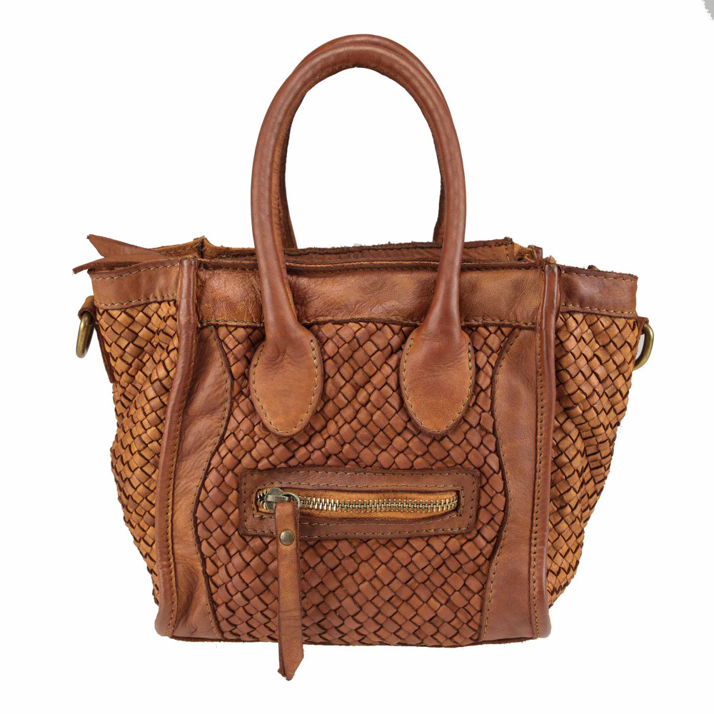 Woven leather handbag