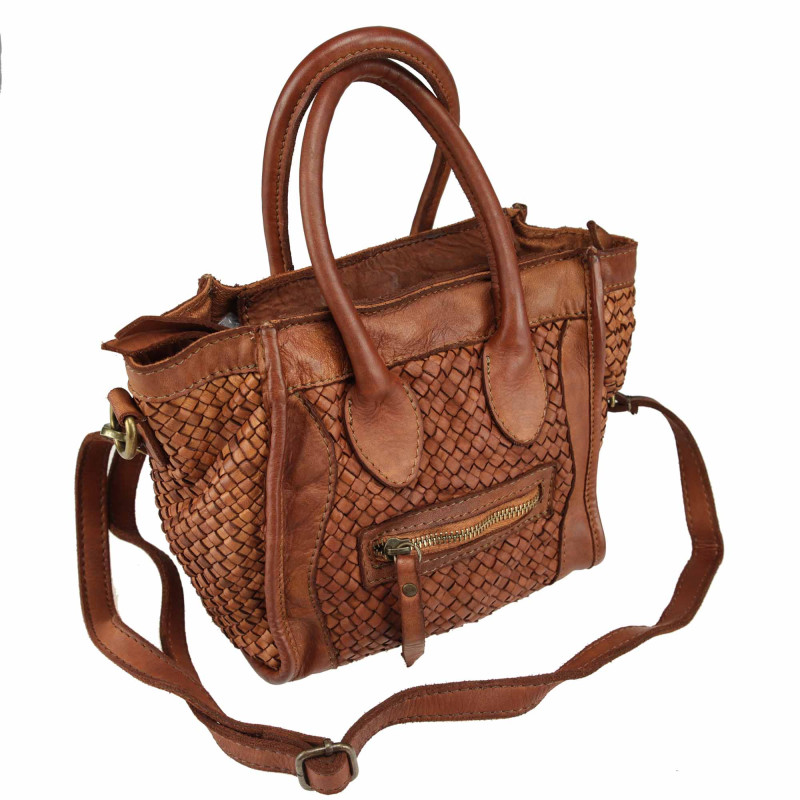 Woven leather handbag