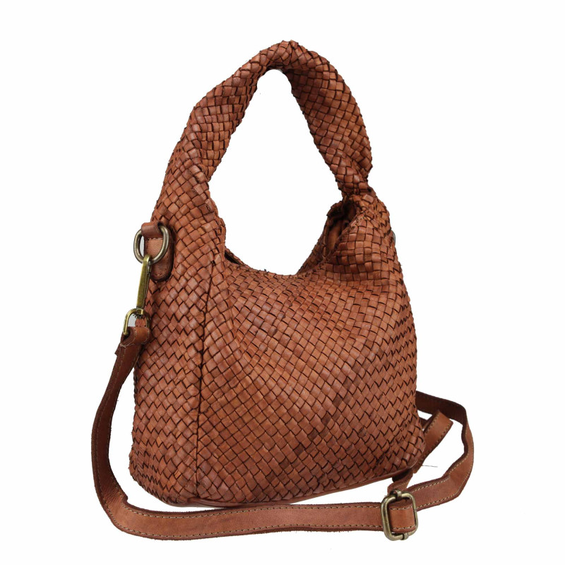 Woven leather bag with shoulder strap