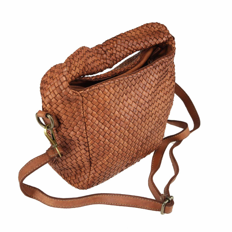 Woven leather bag with shoulder strap