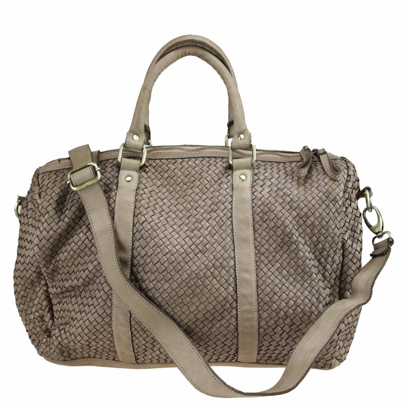 Woven leather handbag with adjustable shoulder strap