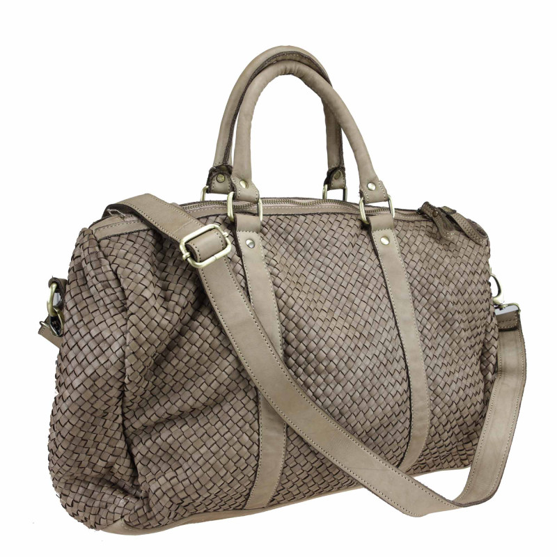 Woven leather handbag with adjustable shoulder strap