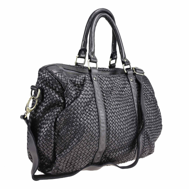 Woven leather handbag with adjustable shoulder strap