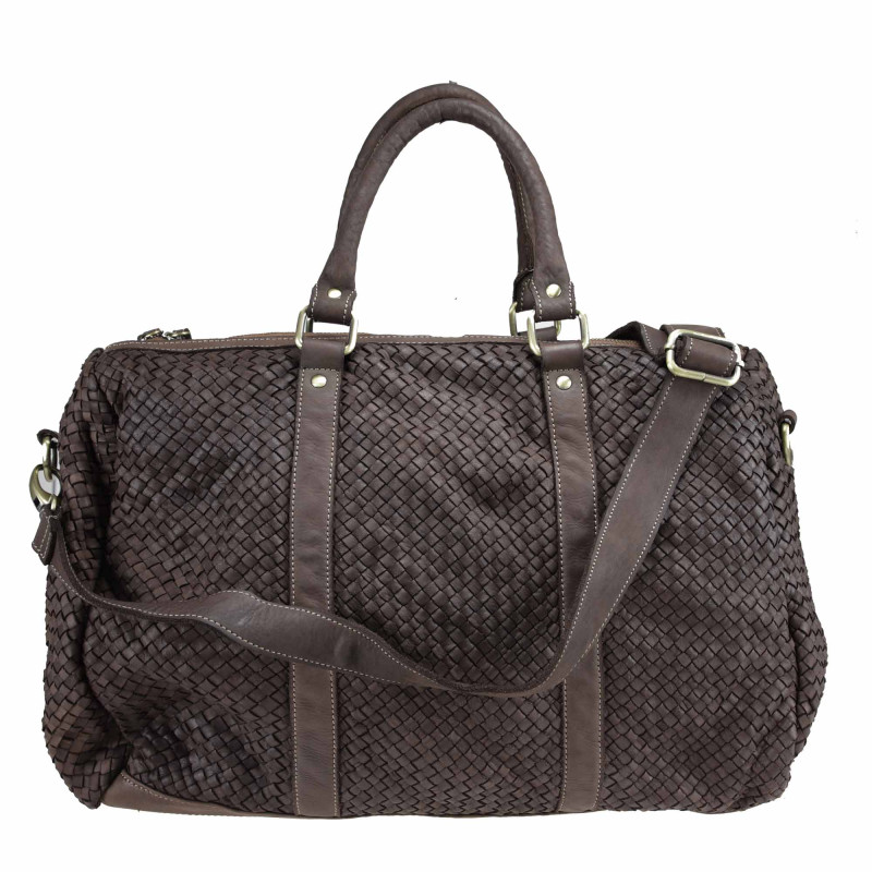 Woven leather handbag with adjustable shoulder strap