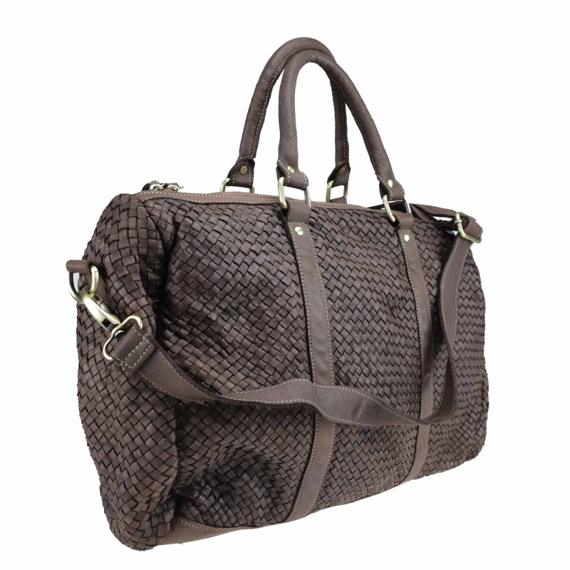 Woven leather handbag with adjustable shoulder strap