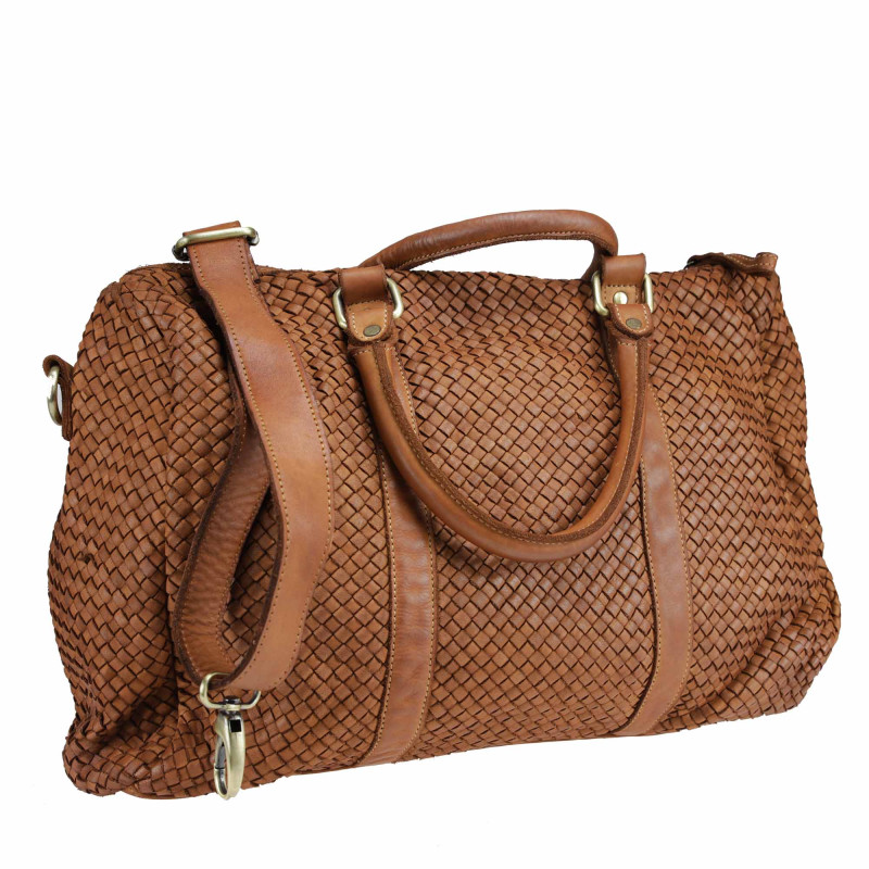 Woven leather handbag with adjustable shoulder strap