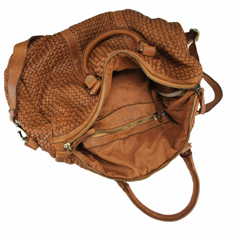 Woven leather handbag with adjustable shoulder strap