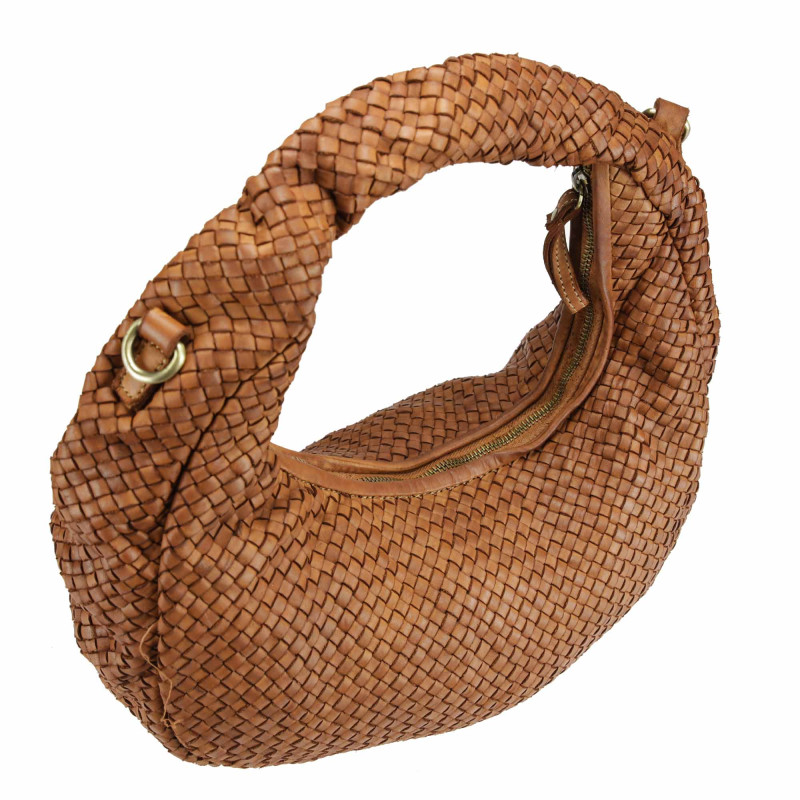 Woven leather moon bag with shoulder strap