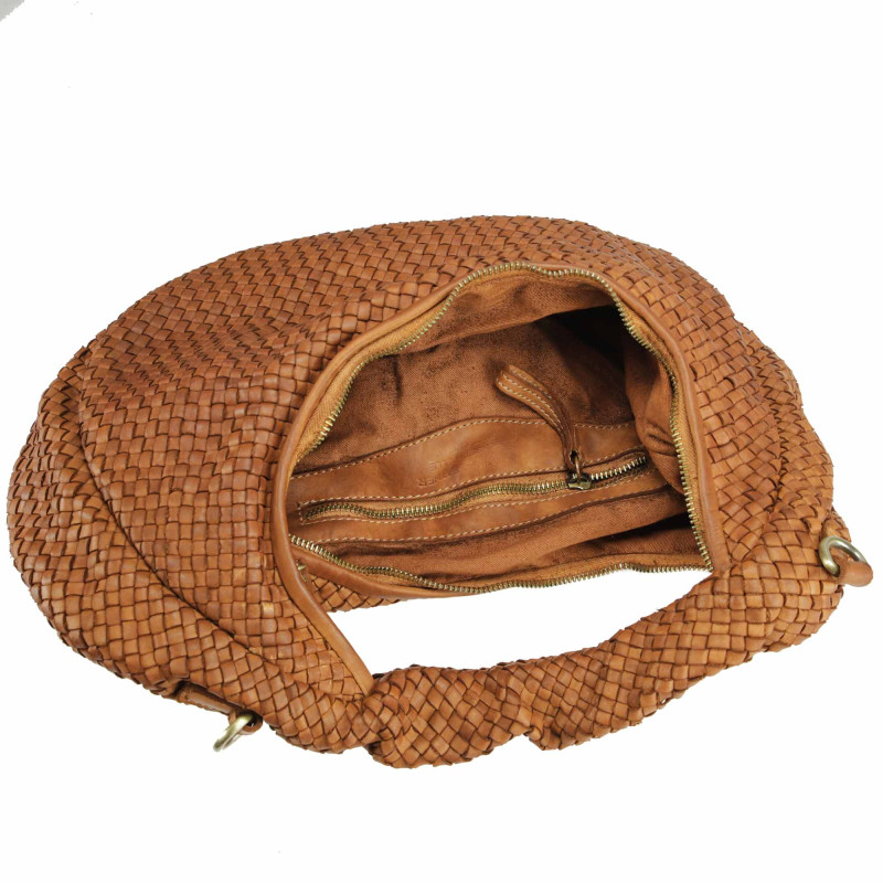 Woven leather moon bag with shoulder strap