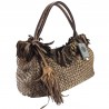 Short shoulder bag in woven leather with worked handle