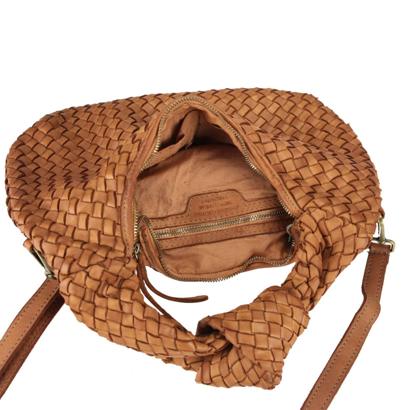 Woven leather bag with knot