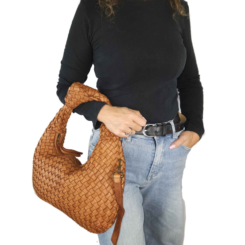 Woven leather bag with knot