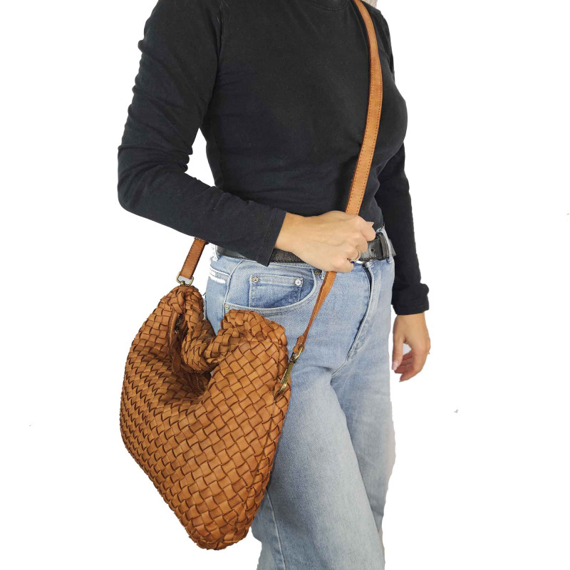 Woven leather bag with knot