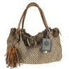 Short shoulder bag in woven leather with worked handle