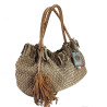 Short shoulder bag in woven leather with worked handle