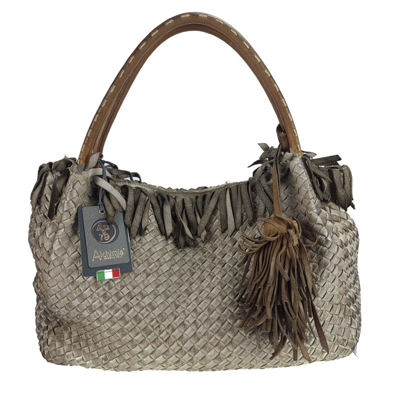 Short shoulder bag in woven leather with worked handle