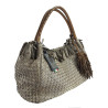 Short shoulder bag in woven leather with worked handle