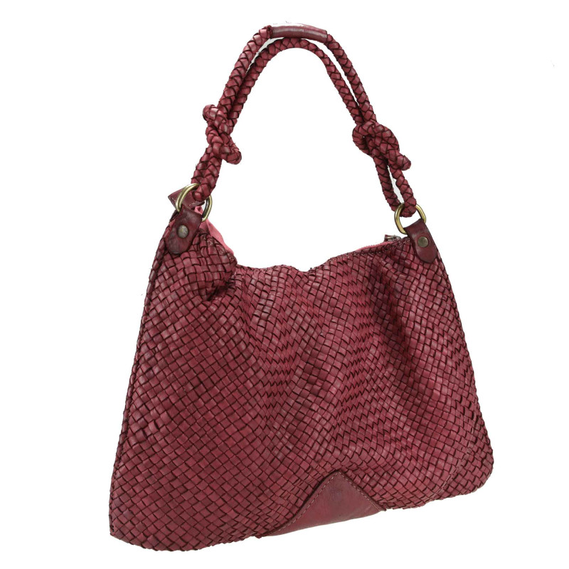 Woven leather bag with shoulder strap and worked handle