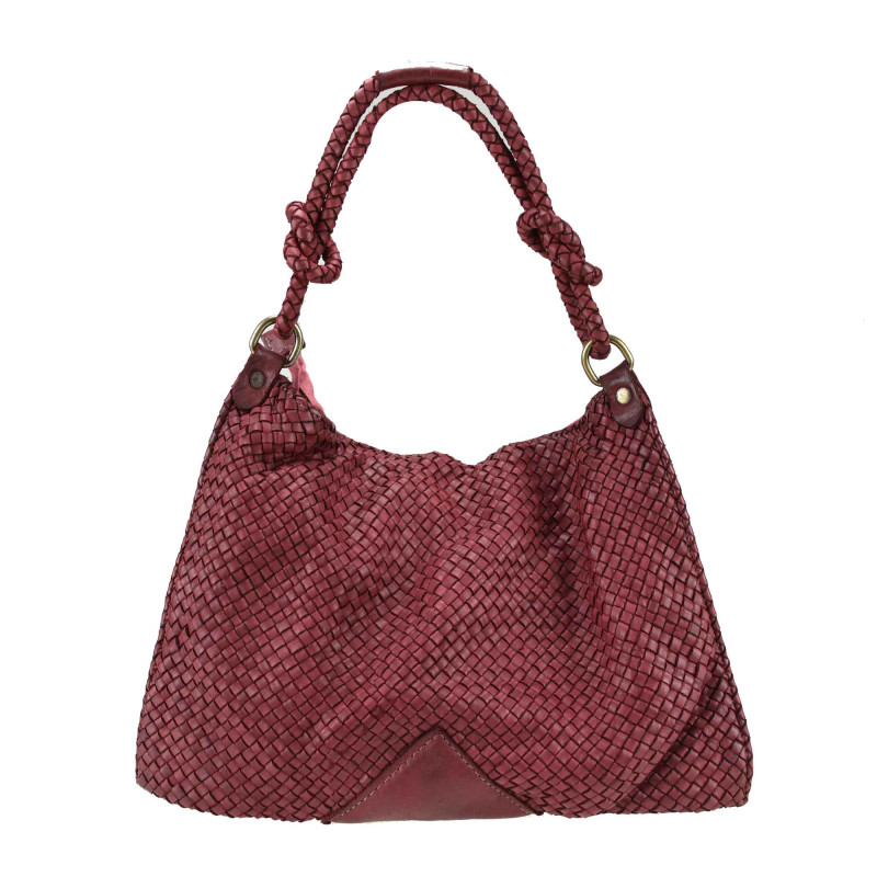 Woven leather bag with shoulder strap and worked handle