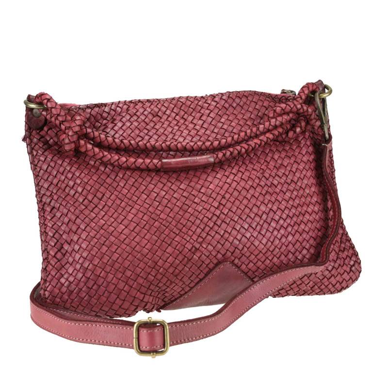 Woven leather bag with shoulder strap and worked handle